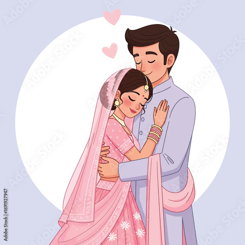 Romantic Indian Wedding Couple Hugging Cartoon Illustration