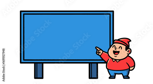 Cartoon Character Pointing at Blank Blue Signboard