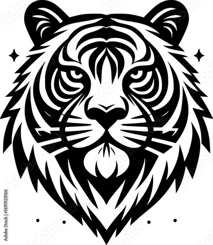 Black and white vector illustration of a tiger head in bold clean line art, modern minimal isolated style