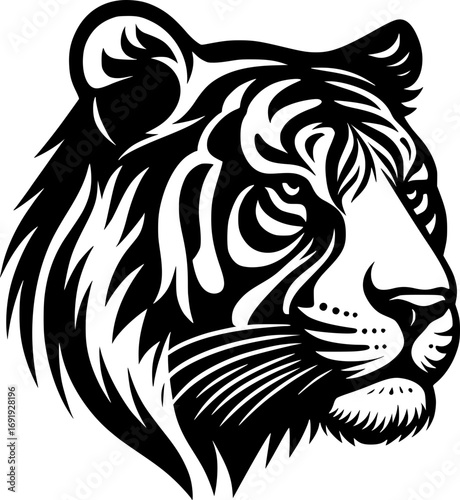 Black and white vector illustration of a tiger head in bold clean line art, modern minimal isolated style