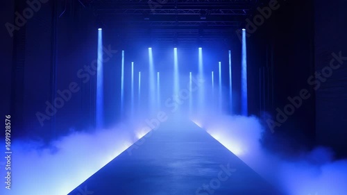Empty Fashion Runway with Blue Lighting and Smoke Effects, Stage Lighting, Catwalk Show, Modern Design, Abstract Background