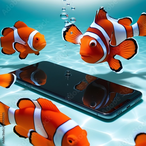 Three clownfish swim underwater around a submerged smartphone with bubbles rising, creating a surreal aquatic scene.