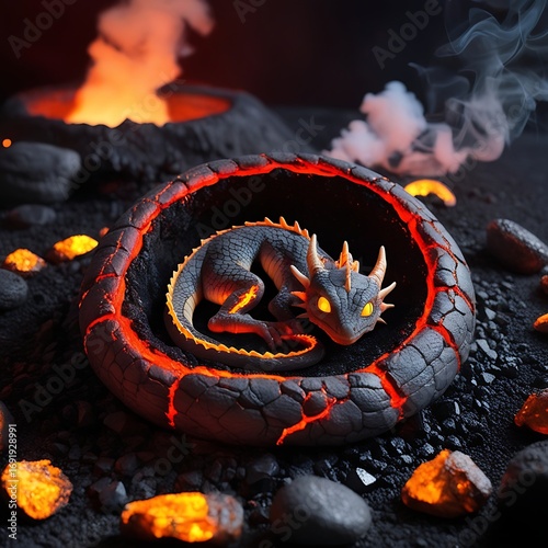 A glowing, fiery baby dragon curled inside a cracked volcanic ring, surrounded by molten lava and smoke on a dark, rocky surface.