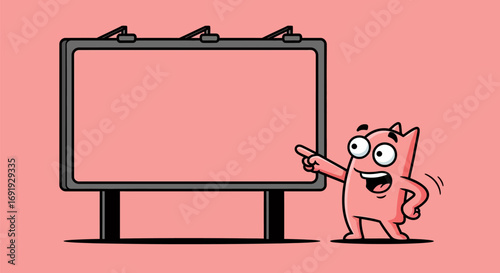 Cartoon Character Pointing to a Large Billboard Sign with Space for Text