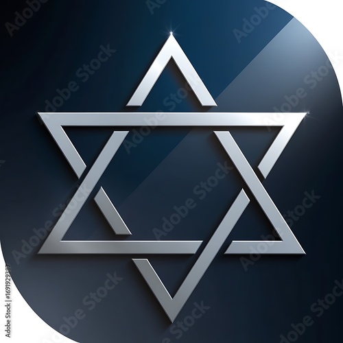 A sleek, metallic Star of David symbol with a modern, reflective blue and black background.