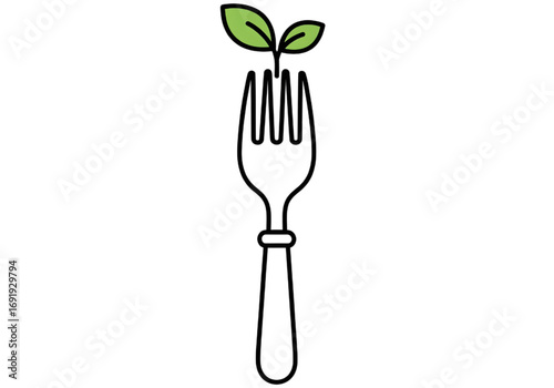 Minimal outline of edible cutlery (fork with sprout), flat style, PNG, no shadows
