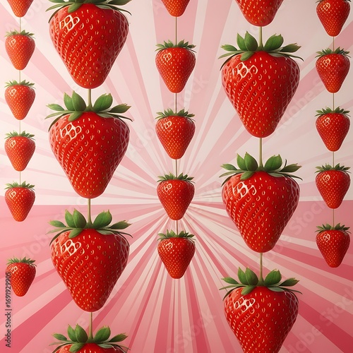 Vibrant strawberries suspended on strings against a pink radial gradient background create a dynamic, fresh, and visually appealing composition.