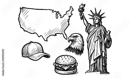 Hand-drawn american symbols: statue of liberty, usa map, bald eagle, cap, and burger