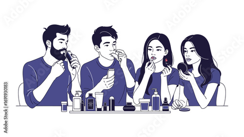 Diverse group of young adults applying makeup and beauty products together in a fun and engaging social gathering celebrating self expression and personal grooming