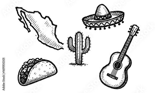 Sketch style mexican symbols: map, sombrero, cactus, taco, guitar