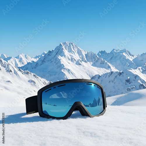 Pair of black ski goggles resting on snow-covered mountain slope reflecting alpine landscape. Winter sports equipment for a skier or snowboarder in a snowy mountain resort.