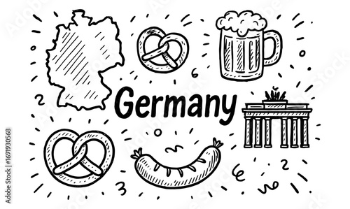Hand-drawn germany icons: map, beer, pretzel, sausage, brandenburg gate