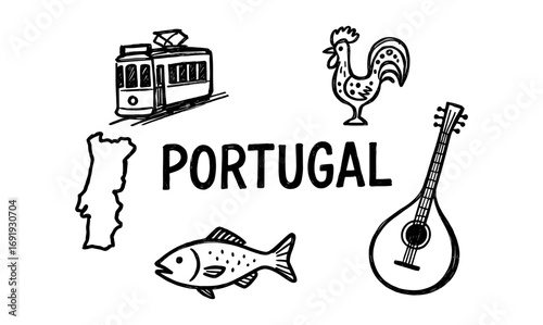 Hand-drawn portugal symbols: tram, rooster, map, fish, guitar
