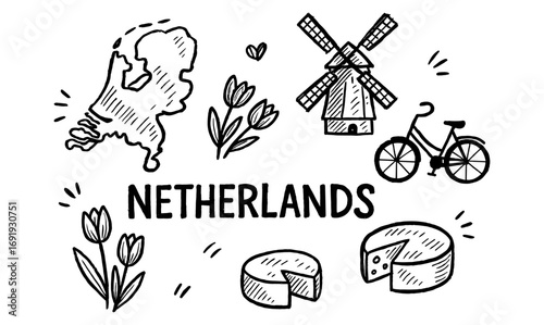 Hand drawn netherlands icons: map, windmill, tulips, cheese, bicycle