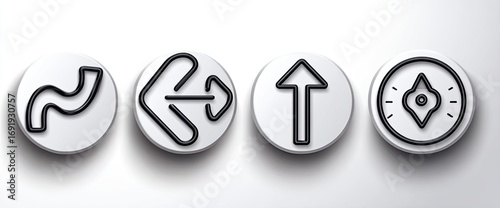 Four white circular icons with black outline directional symbols