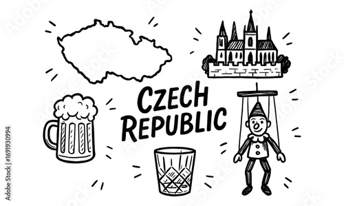 Czech republic icons: map, landmarks, beer, puppet, and glass in doodle style