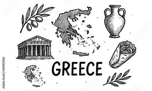 Hand-drawn greece map with traditional symbols and icons