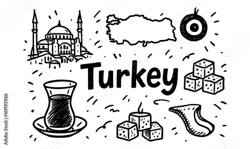 Explore turkey: iconic landmarks and symbols in hand-drawn doodle art