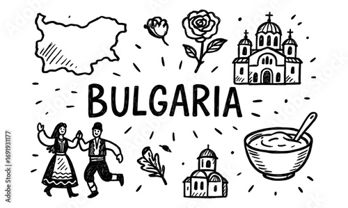 Bulgaria doodle collection: iconic symbols, landmarks, and culture in hand-drawn style