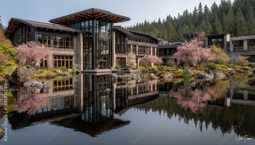 Obraz premium Modern building, tranquil pond, mirrored reflections