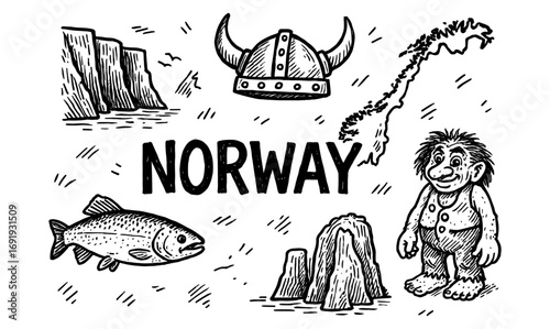 Norwegian heritage: viking helm, troll, salmon, and iconic landscapes in hand drawn style