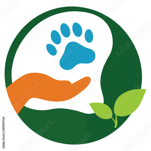 Animal rescue, care, help concept, illustration with hand, paw, leaves, and green circle