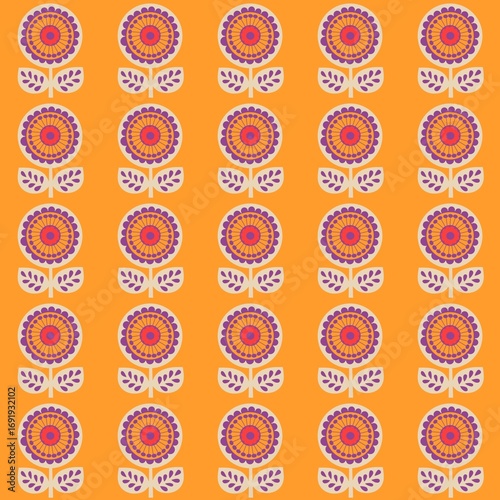seamless floral pattern, Colorful seamless pattern featuring rows of stylized flowers with circular petals