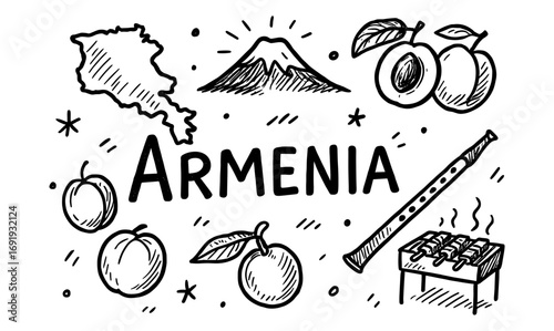 Hand drawn armenia symbols with doodles of fruit, mountain, and cultural elements