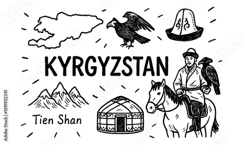 Hand-drawn elements of kyrgyzstan: culture and nature icons