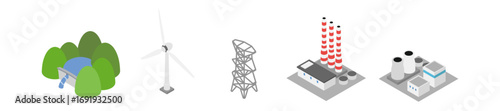 Five energy facility illusts: hydroelectric dam, wind turbine, transmission tower, fossil fuel plant with striped smokestacks, nuclear plant with cooling towers
水力発電ダム、風力タービン、送電鉄塔、火力発電所、原子力発電所のイラスト5種