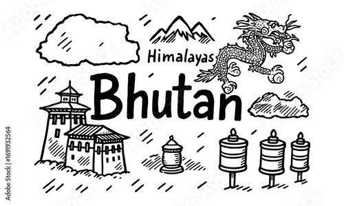 Doodle art of bhutanese icons: cultural elements and scenic views
