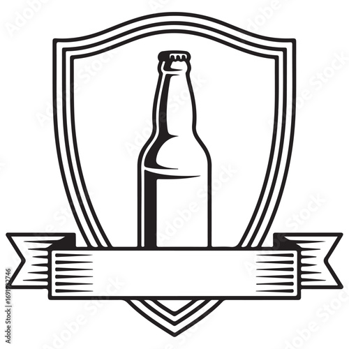 Beer Bottle on Shield with Ribbon, Black and White Vector Illustration