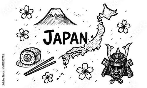 Hand-drawn japan icons: sushi, map, sakura, samurai, mount fuji