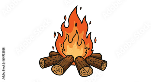 Campfire with burning logs and flames.