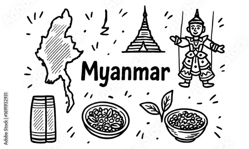 Hand-drawn myanmar elements with map, temple, puppet, and traditional food