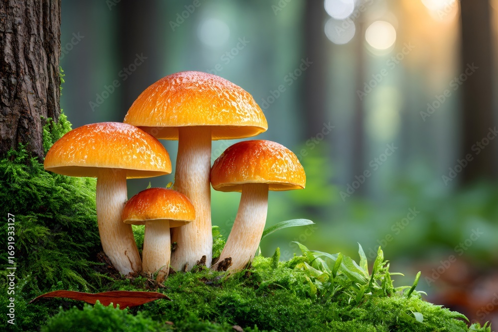 Fototapeta premium Vibrant mushrooms growing on mossy forest floor