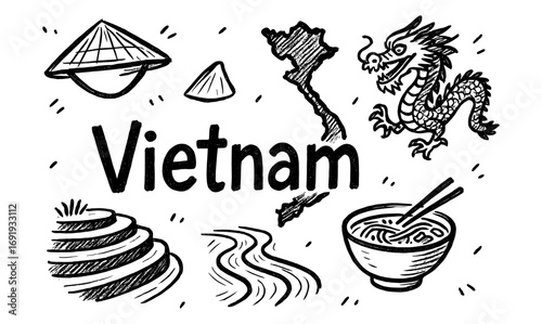 Vietnam cultural icons: traditional hat, dragon, noodles, map in hand drawn style