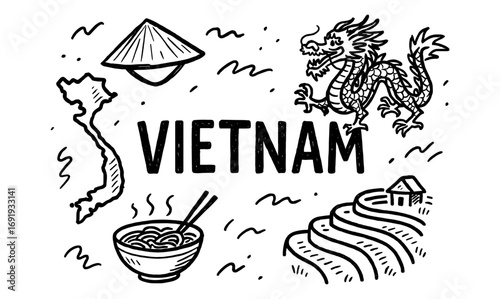 Vietnam icons: traditional symbols and culture in doodle art style