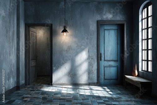 Interior of a dimly lit hallway with aged plaster walls and vintage doors. Sunlight streams in, highlighting the textured surface and tiled floor