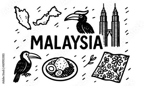 Black and white doodle of iconic malaysian symbols and landmarks