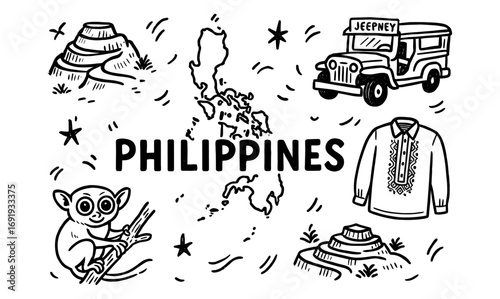 Philippines icons: jeepney, barong, tarsier, and landmarks in hand drawn style