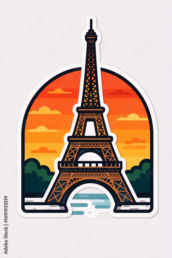 Obraz premium A vibrant, stylized illustration of the iconic Eiffel Tower against a warm sunset sky in Paris, evoking a sense of travel and wonder.