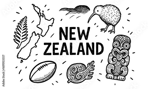 New zealand themed sketch with kiwi, rugby, and maori art elements