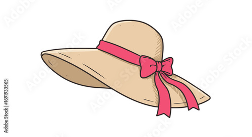 Elegant sun hat with pink ribbon bow.