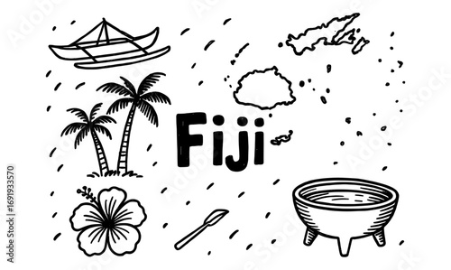 Hand drawn fiji elements with palm trees and traditional symbols