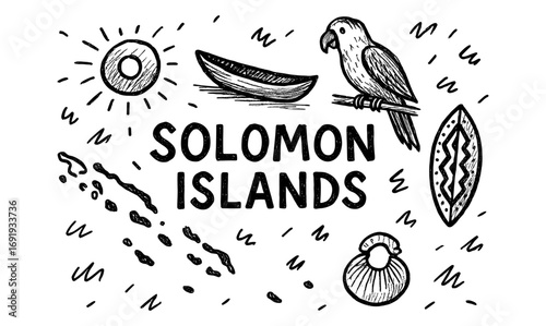 Hand drawn elements of the solomon islands with parrot and canoe