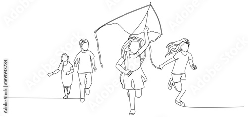 continuous line of small children running around playing kites eps 2