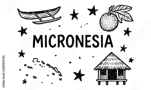 Hand drawn micronesia elements with canoe, fruit, and traditional hut