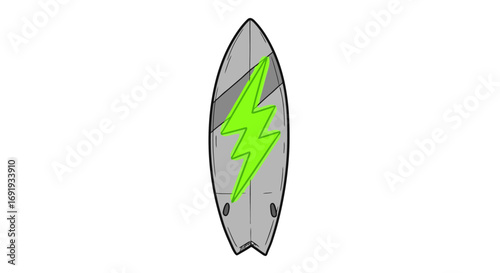 Grey surfboard with lime green lightning bolt graphic.