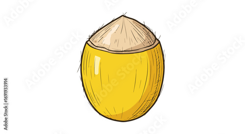 Half peeled coconut showing white flesh inside.